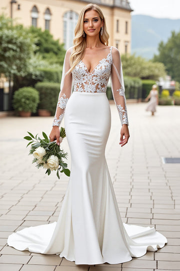 Ivory Lace V Neck Mermaid Wedding Dress with Long Sleeves